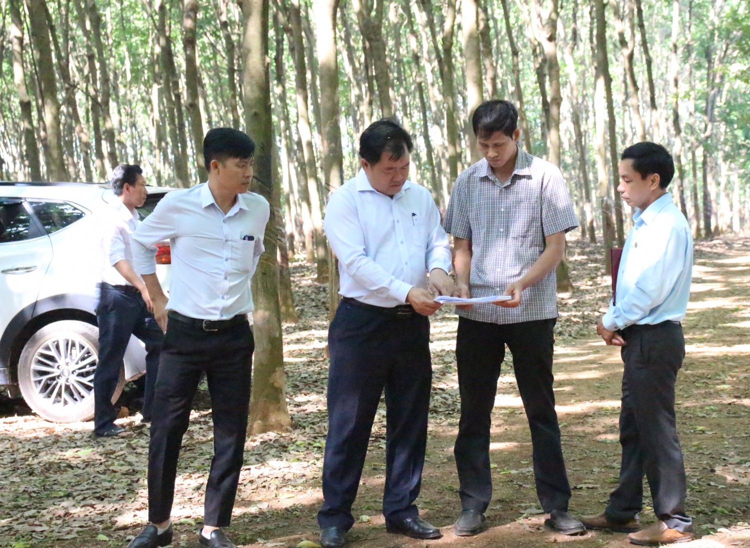 Lãnh đạo huyện Phú Riềng cùng công ty TNHH MTV Cao su Phú Riềng khảo sát các tuyến đường tiếp giáp lô cao su.
