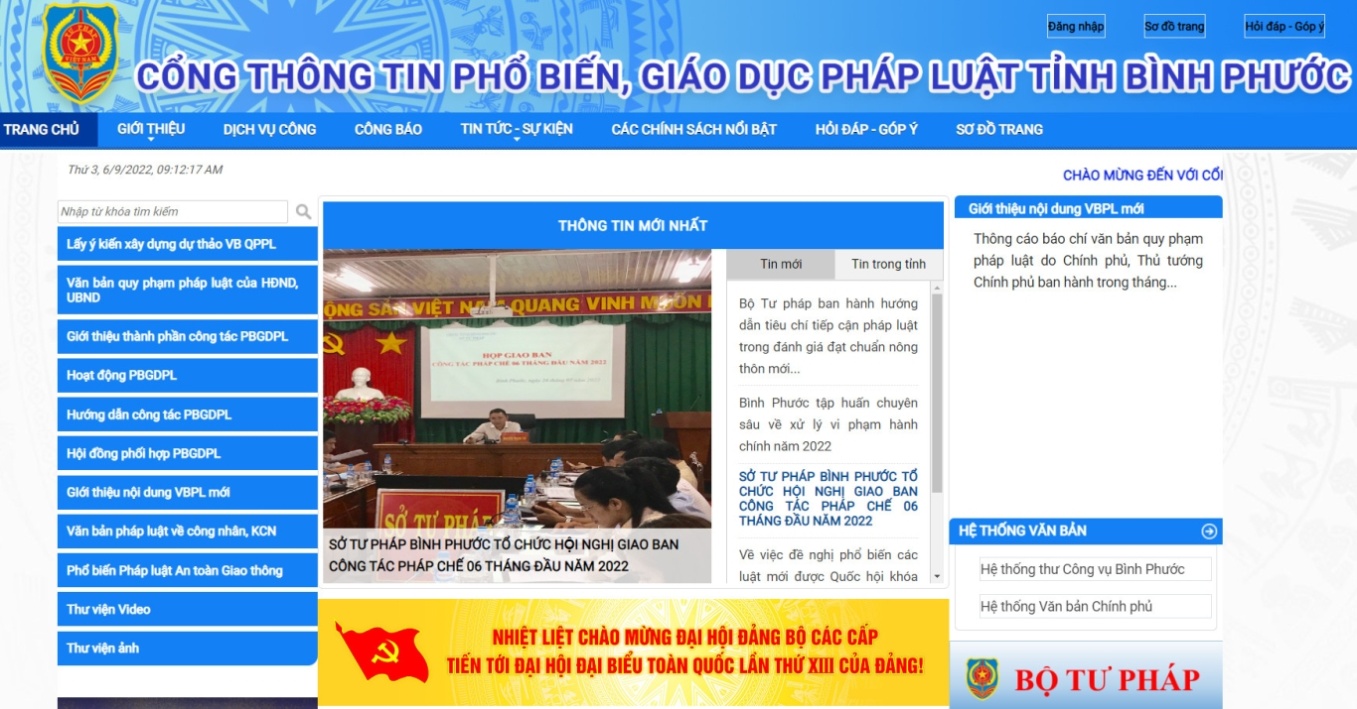 Cổng TTĐT tổng hợp phổ biến, giáo dục pháp luật tỉnh Bình Phước